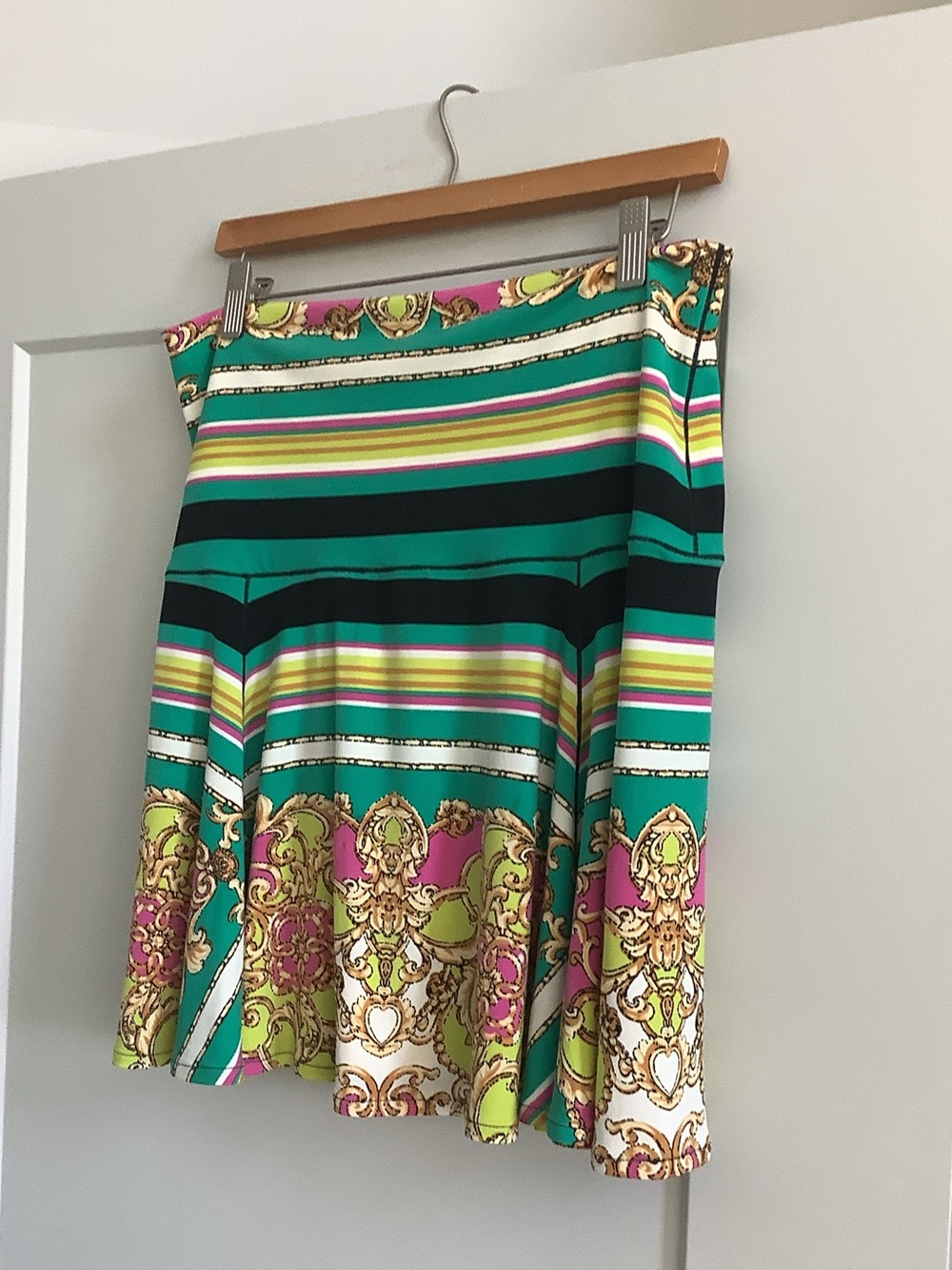 eva varro Teal, Pink & Lime Baroque Stripe Skater Skirt